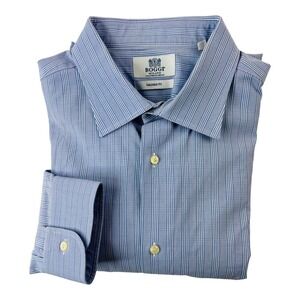 BOGGI Milano Blue & White Check Long Sleeve Cotton Button Up Mens Size 44/17.5